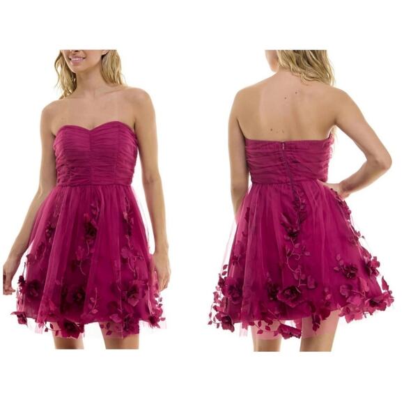 BCX Sz 9 Fuchsia‎ Fairy Flowy Floral Applique Romantic Feminine Chiffon Dress - Picture 2 of 7